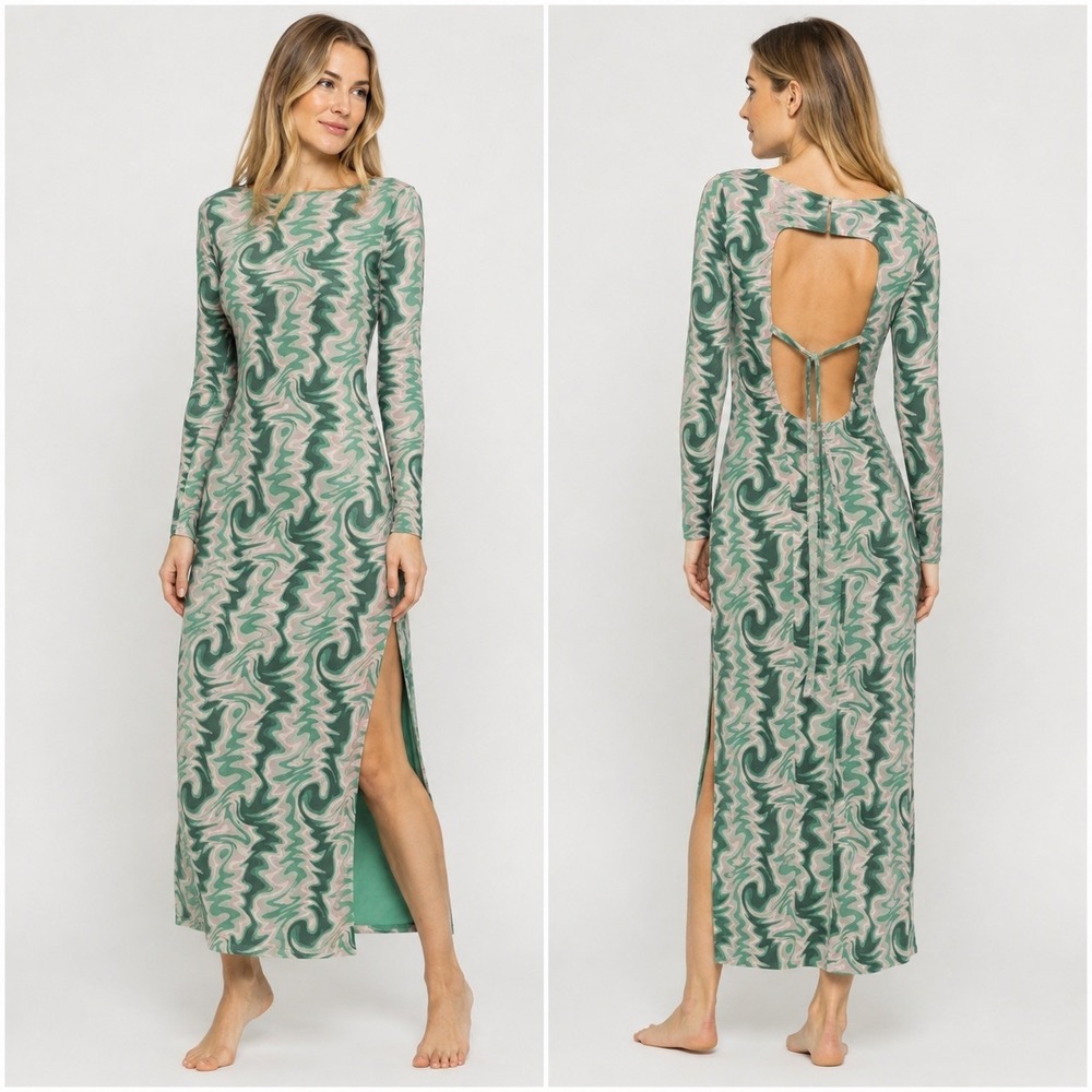 Y2K Green Pink Psychedelic Swirl Open Back Maxi Dress Long Sleeve 70s Retro